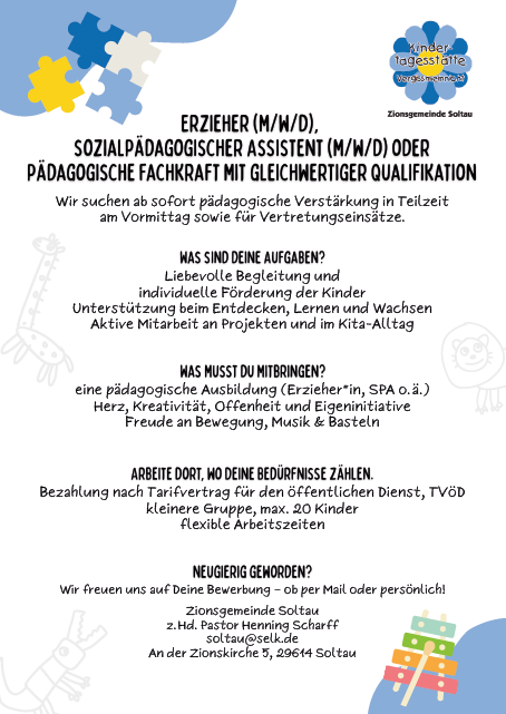 Stellenanzeige der KiTa Vergißmeinnicht Soltau